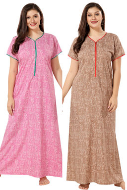 PIU - Front Zipper Plus Size Cotton Pack of 2 Half Sleeves Floral Print Nighties-Pink and Brown (XL)