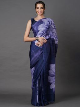 Akhilam - Women Satin Silk Navy Blue Printed Designer Saree with Unstitched Blouse Piece