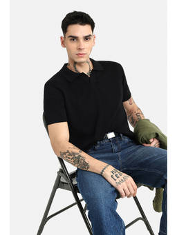 Snitch - Men Black Cotton Regular Fit Polo T-shirt