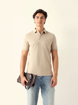 The Bear House - Men Beige Cotton Regular Fit Polo T-shirt