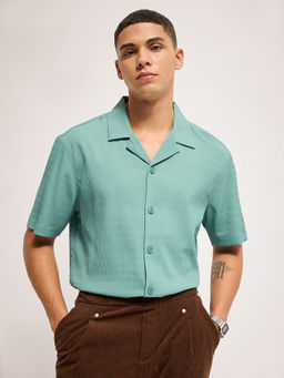 The Bear House - Men Teal Cotton Slim Fit Shirt