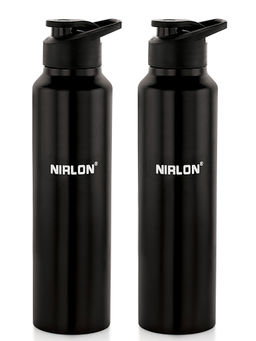 Nirlon - Classic Flip Single Wall Stainless Steel Water Bottle 1000Ml-Black (Pack of 2)