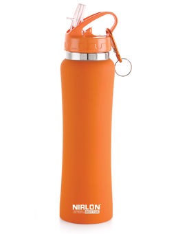 Nirlon - Flip Bot Stainless Steel Sipper Rubber Finish Water Bottle With Straw Lid|750Ml