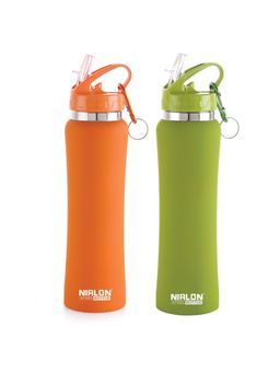Nirlon - Flip Bot Stainless Steel Sipper Rubber Finish Water Bottle With Straw Lid|750Ml