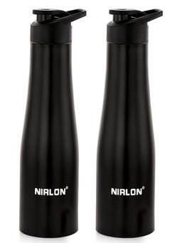 Nirlon - Tall Bell Single Wall Stainless Steel Water Bottle 1000Ml-Black (Pack of 2)