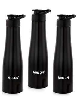 Nirlon - Tall Bell Single Wall Stainless Steel Water Bottle 1000Ml-Black (Pack of 3)