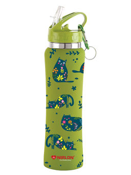 Nirlon - Flip Bot Stainless Steel Rubber Finish Water Bottle (Uv Printed Artsy Cat)