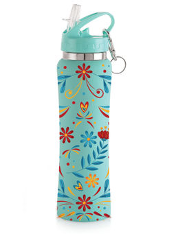 Nirlon - Flip Bot Stainless Steel Rubber Finish Water Bottle (Uv Printed Floral Turquoise)