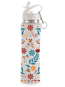 Nirlon - Flip Bot Stainless Steel Rubber Finish Water Bottle (Uv Printed Floral White)