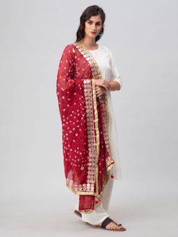 Aditi Wasan - Maroon Bandhani Silk Blend Dupatta