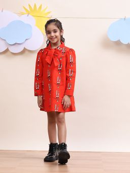 Spunkies - Red Printed A-Line Fit Dress