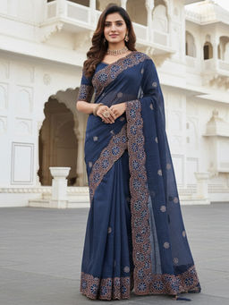 Akhilam - Women Chiffon Navy Blue Zari Embroidered Designer Saree with Unstitched Blouse