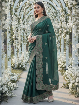 Akhilam - Women Chiffon Green Zari Embroidered Designer Saree with Unstitched Blouse