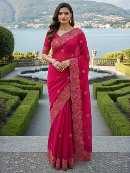 Akhilam - Women Chiffon Pink Zari Embroidered Designer Saree with Unstitched Blouse