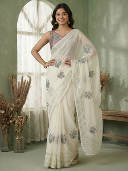 Akhilam - Women Chiffon White Embellished Designer Saree with Unstitched Blouse