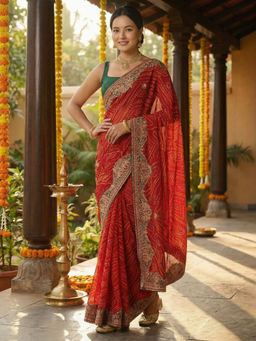 Akhilam - Women Georgette Red Zari Embroidered Designer Saree with Unstitched Blouse