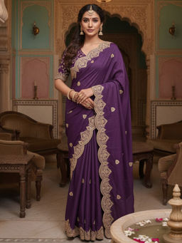 Akhilam - Women Georgette Purple Zari Embroidered Designer Saree with Unstitched Blouse