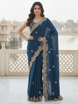 Akhilam - Women Georgette Teal Zari Embroidered Designer Saree with Unstitched Blouse