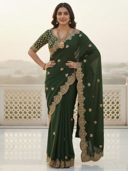 Akhilam - Women Georgette Light Green Zari Embroidered Designer Saree with Unstitched Blouse