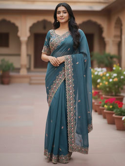 Akhilam - Women Chiffon Blue Zari Embroidered Designer Saree with Unstitched Blouse