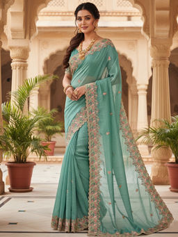 Akhilam - Women Chiffon Light Aqua Zari Embroidered Designer Saree with Unstitched Blouse