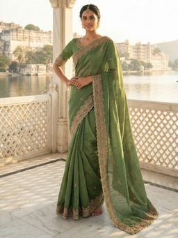Akhilam - Women Chiffon Light Green Zari Embroidered Designer Saree with Unstitched Blouse