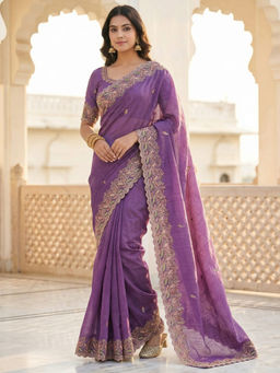 Akhilam - Women Chiffon Purple Zari Embroidered Designer Saree with Unstitched Blouse