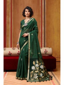 Mysilklove - Dark Green Handloom Munga Cotton Saree with Unstitched Blouse
