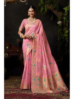Mysilklove - Blossom Pink Woven Banarasi Organza Saree with Unstitched Blouse