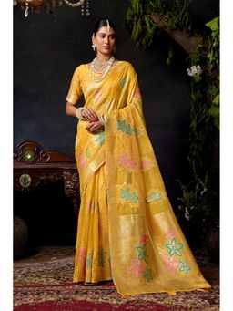Mysilklove - Lemon Yellow Woven Banarasi Organza Saree with Unstitched Blouse