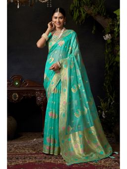 Mysilklove - Sky Blue Woven Banarasi Organza Saree with Unstitched Blouse