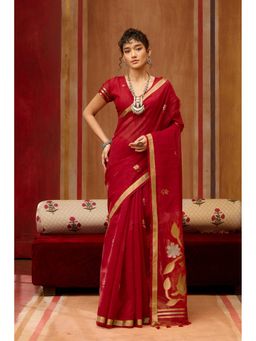 Mysilklove - Tomato Red Handloom Munga Cotton Saree with Unstitched Blouse