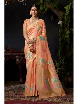 Mysilklove - Plum Peach Woven Banarasi Organza Saree with Unstitched Blouse
