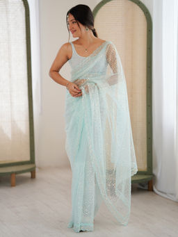 Akhilam - Women Net Light Blue Embellished Designer Saree with Unstitched Blouse