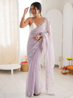 Akhilam - Women Chiffon Lavender Embellished Designer Saree with Unstitched Blouse
