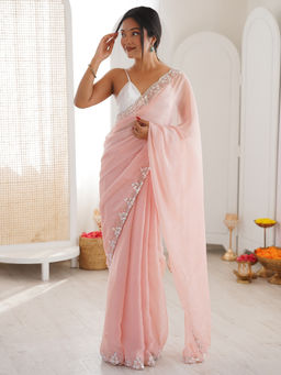 Akhilam - Women Chiffon Pink Embellished Designer Saree with Unstitched Blouse