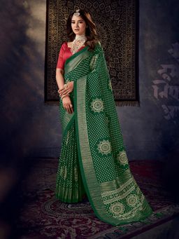 MEENA BAZAAR - Printed Art Silk Green Saree Without Blouse