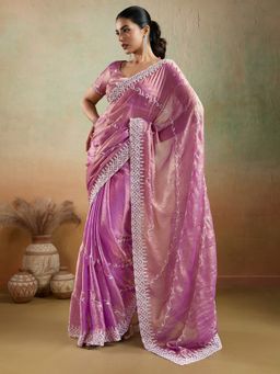 MEENA BAZAAR - Embroidered Chinon Pink Saree Without Blouse