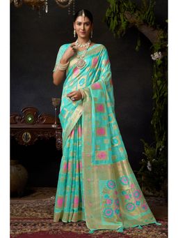 Mysilklove - Spring Turquoise Woven Banarasi Organza Saree with Unstitched Blouse