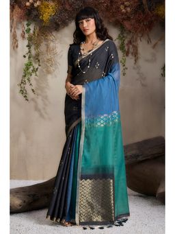 Mysilklove - Phantom Black Handloom Cotton Saree with Unstitched Blouse