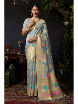 Mysilklove - Silver Grey Woven Banarasi Organza Saree with Unstitched Blouse