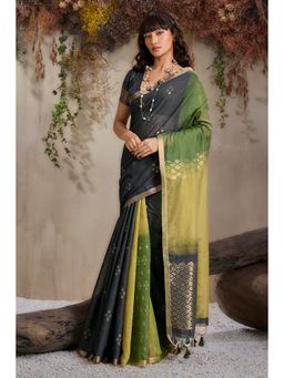 Mysilklove - Olive Black Handloom Cotton Saree with Unstitched Blouse