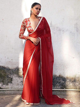 Akhilam - Women Georgette Maroon Embellished Designer Saree with Unstitched Blouse