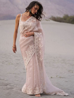 Akhilam - Women Organza Rose Gold Embellished Designer Saree with Unstitched Blouse