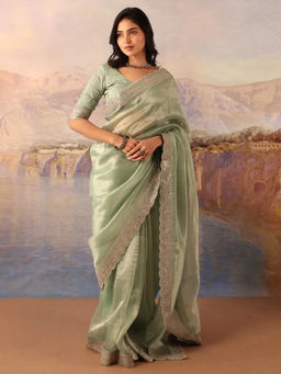 Akhilam - Women Organza Sea Green Embellished Designer Saree with Unstitched Blouse