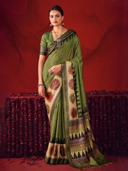 MEENA BAZAAR - Geometric Printed Art Silk Green Saree Without Blouse
