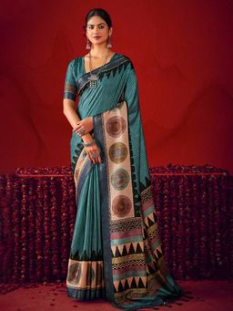 MEENA BAZAAR - Geometric Printed Art Silk Blue Saree Without Blouse
