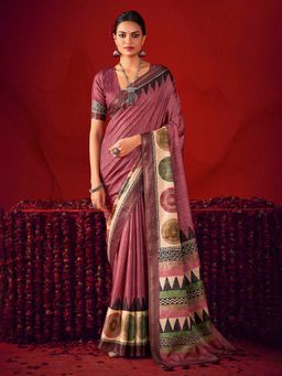MEENA BAZAAR - Geometric Printed Art Silk Pink Saree Without Blouse