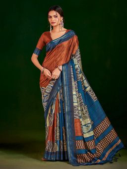 MEENA BAZAAR - Printed Art Silk Rust Saree Without Blouse