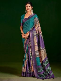 MEENA BAZAAR - Printed Art Silk Blue Saree Without Blouse
